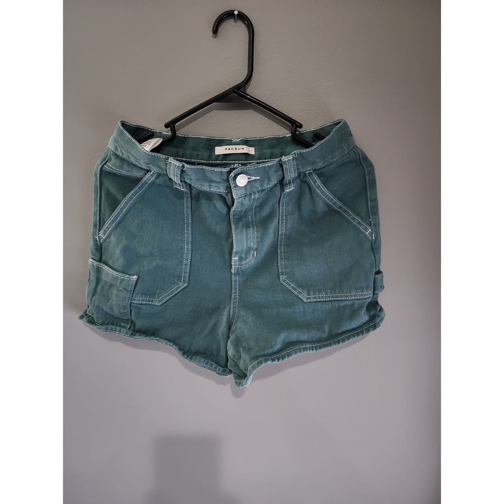 PacSun Green Denim Carpenter Utility Shorts High Waisted Contrast Stitch 28